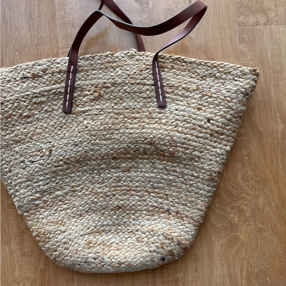 Mango Jute Basket Bag, Large Beach Tote, Drawstring Vacation Leather Handle Bag - Picture 9 of 15